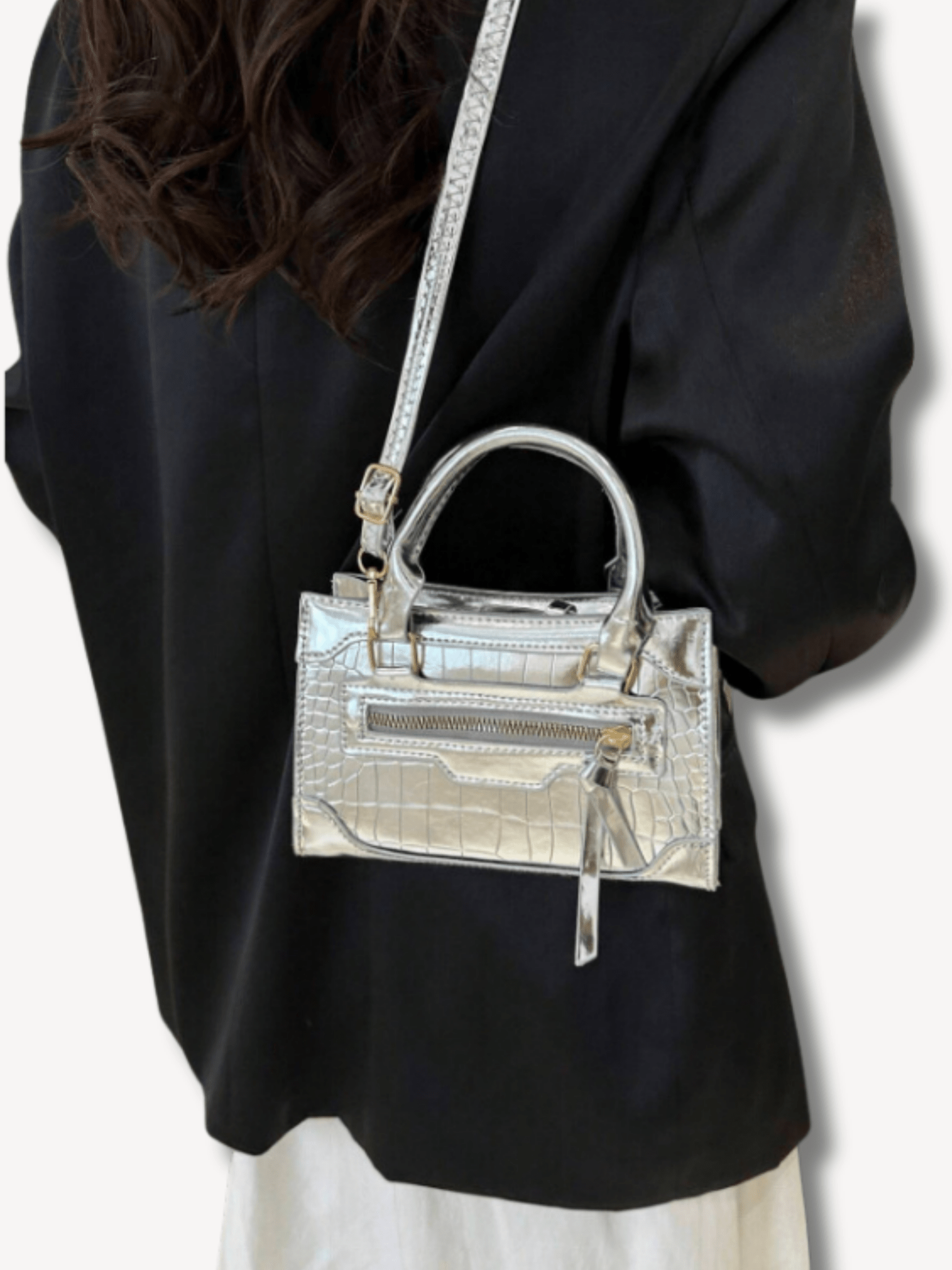 Zilveren metallic crossbody tas met krokodillenprint - Navoir