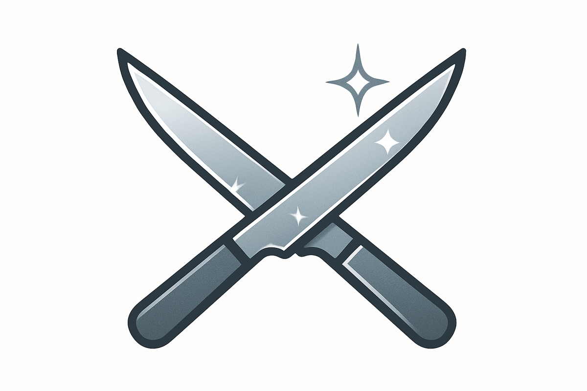 A simple vector-style safety icon showing two sharp metallic blades crossing, with shiny edges and a sparkle effect to emphasize sharpness. Minimal, clean, white background.