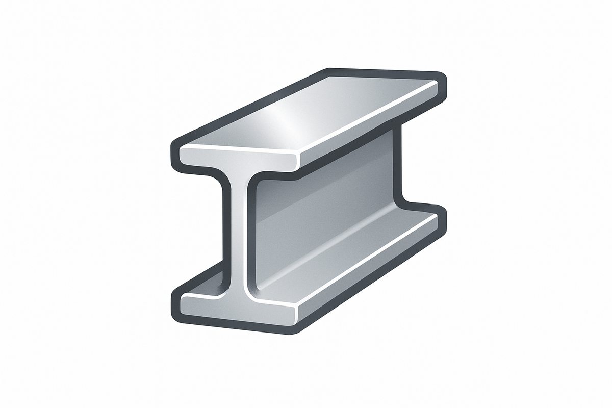 Minimalist flat icon of a stainless steel I-beam, shiny metallic look, simple clean design, vector style, silver color, isolated on white background.
